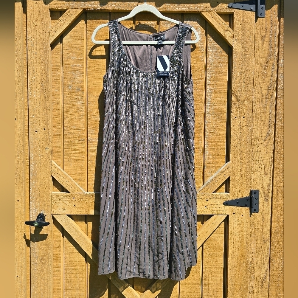 St John Couture Silk W/Sequins Flair Dress Slate Brown Size 10 NWT $1695